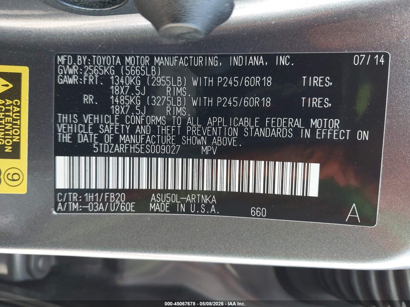 2014 Toyota Highlander VIN 5TDZARFH5ES009027 IAAI salvage auction — FRONT END, Salvage (California), sold $2,350 on 2026-07-07 (photo 9)