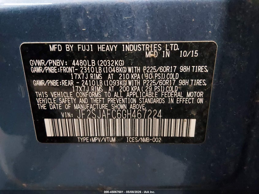 2016 Subaru Forester VIN JF2SJAFC6GH467224 IAAI salvage auction — RIGHT FRONT, Salvage (Minnesota), sold $225 on 2026-07-28 (photo 9)
