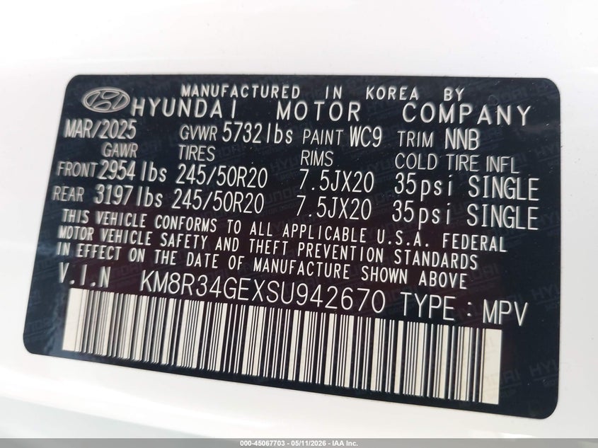 2025 Hyundai Palisade VIN KM8R34GEXSU942670 IAAI salvage auction — FRONT END, Rebuildable (Florida), sold $11,225 on 2026-07-24 (photo 9)