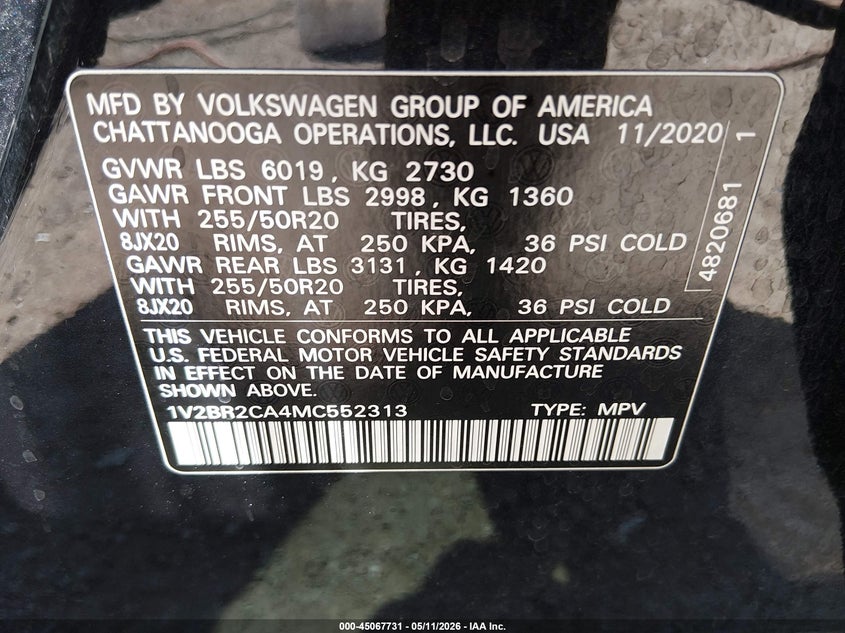 2021 Volkswagen Atlas VIN 1V2BR2CA4MC552313 IAAI salvage auction — HAIL, Salvage (Kansas), sold $8,500 on 2026-07-31 (photo 9)