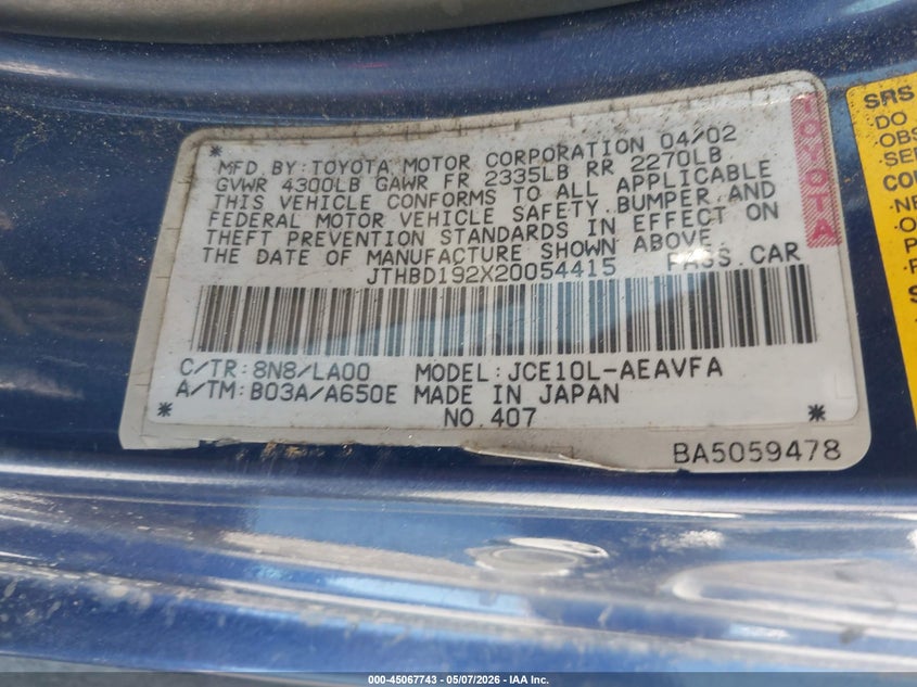 2002 Lexus Is 300 VIN JTHBD192X20054415 IAAI salvage auction — FRONT END, Salvage (California), sold $625 on 2026-07-13 (photo 9)