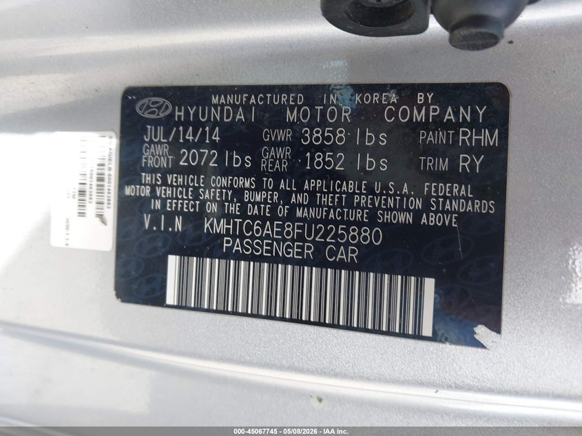 2015 Hyundai Veloster VIN KMHTC6AE8FU225880 IAAI salvage auction — ENGINE DAMAGE, Salvage (California), sold $375 on 2026-07-13 (photo 9)