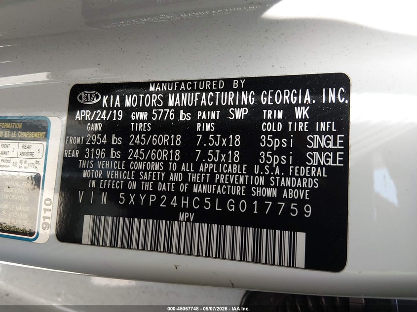 2020 Kia Telluride VIN 5XYP24HC5LG017759 IAAI salvage auction — RIGHT SIDE, Certificate Of Destruction (Florida), sold $4,700 on 2026-07-06 (photo 9)