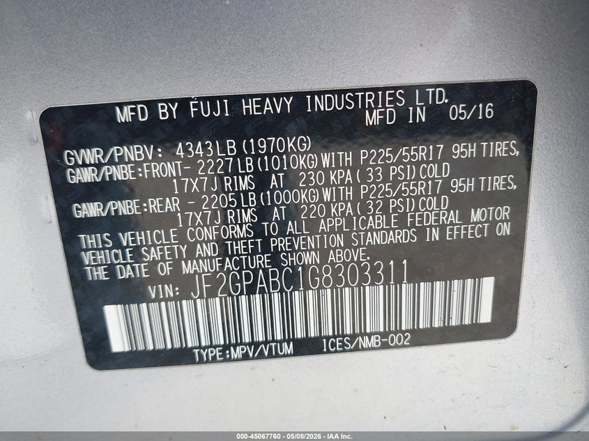 2016 Subaru Xv VIN JF2GPABC1G8303311 IAAI salvage auction — HAIL, Clear (Missouri), sold $1,700 on 2026-07-13 (photo 9)
