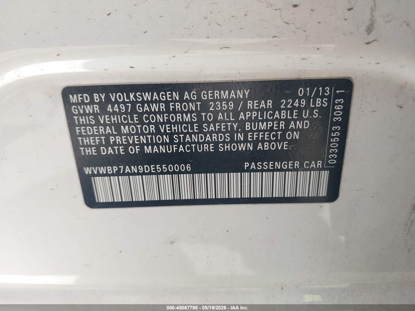 2013 Volkswagen Passat cc VIN WVWBP7AN9DE550006 IAAI salvage auction — RIGHT FRONT, Salvage (Arizona), sold $1,600 on 2026-07-07 (photo 9)