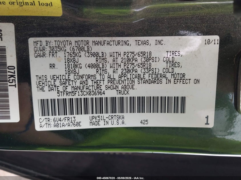 2012 Toyota Tundra VIN 5TFRM5F13CX036964 IAAI salvage auction — SIDE, Original (Texas), sold $4,900 on 2026-07-14 (photo 9)