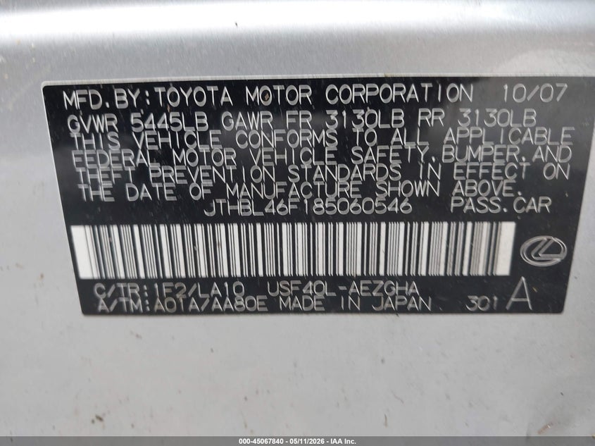 2008 Lexus Ls VIN JTHBL46F185060546 IAAI salvage auction — ROLLOVER, Salvage (North Carolina), sold $550 on 2026-07-08 (photo 9)