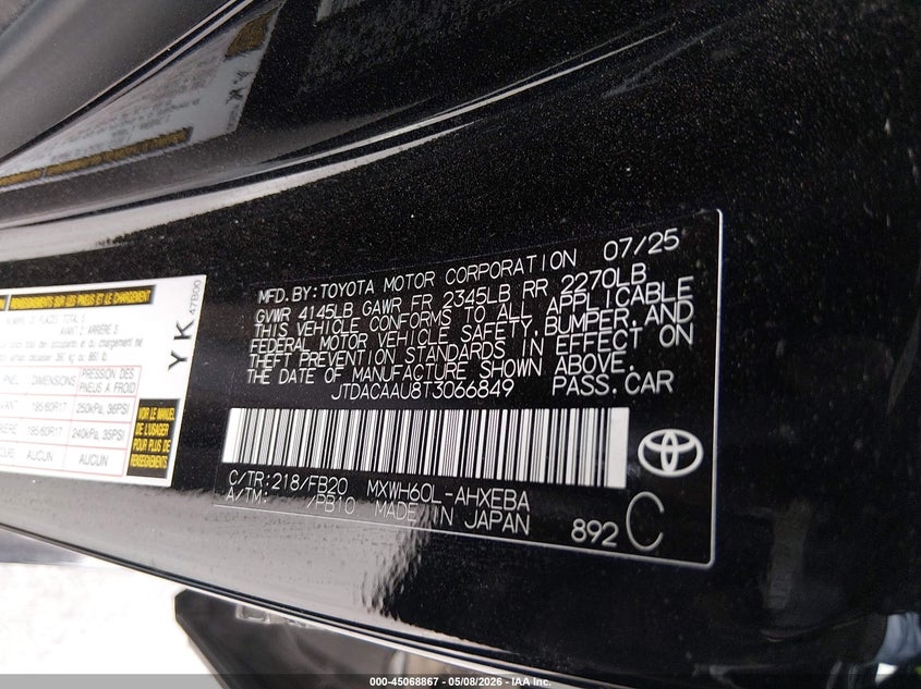 2026 Toyota Prius VIN JTDACAAU8T3066849 IAAI salvage auction — FRONT & REAR, Salvage (California), sold $5,850 on 2026-07-13 (photo 9)