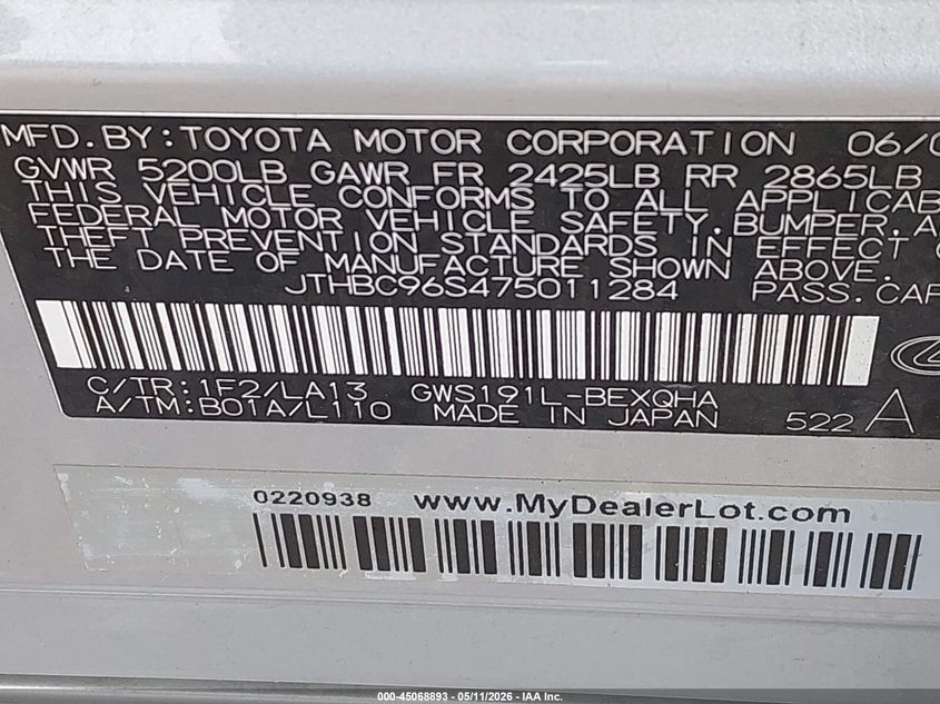 2007 Lexus Gs VIN JTHBC96S475011284 IAAI salvage auction — FRONT END, Salvage (Idaho), sold $1,450 on 2026-07-21 (photo 9)
