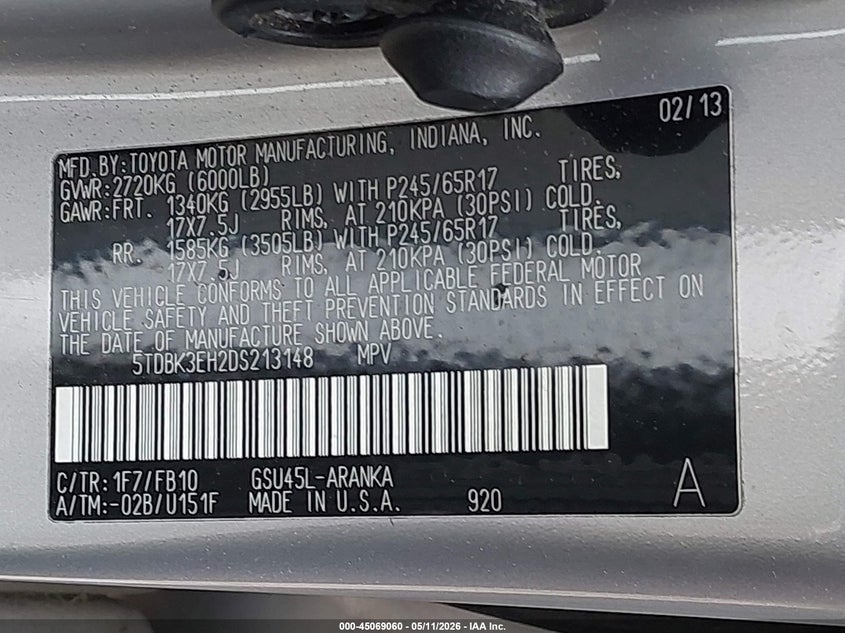 2013 Toyota Highlander VIN 5TDBK3EH2DS213148 IAAI salvage auction — FRONT END, Salvage (Idaho), sold $3,650 on 2026-07-07 (photo 9)