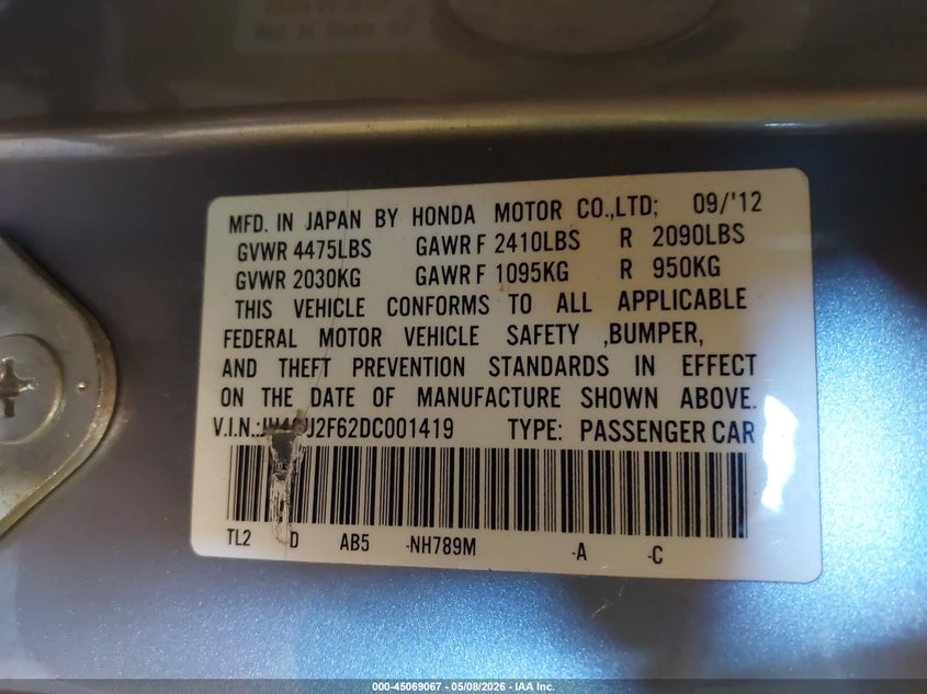 2013 Acura Tsx VIN JH4CU2F62DC001419 IAAI salvage auction — FRONT END, Clear (Michigan), sold $2,275 on 2026-07-14 (photo 9)