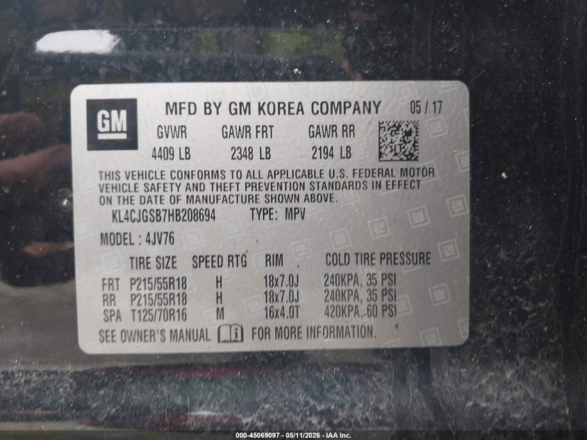 2017 Buick Encore VIN KL4CJGSB7HB208694 IAAI salvage auction — SIDE, Salvage (Massachusetts), sold $1,650 on 2026-07-25 (photo 9)