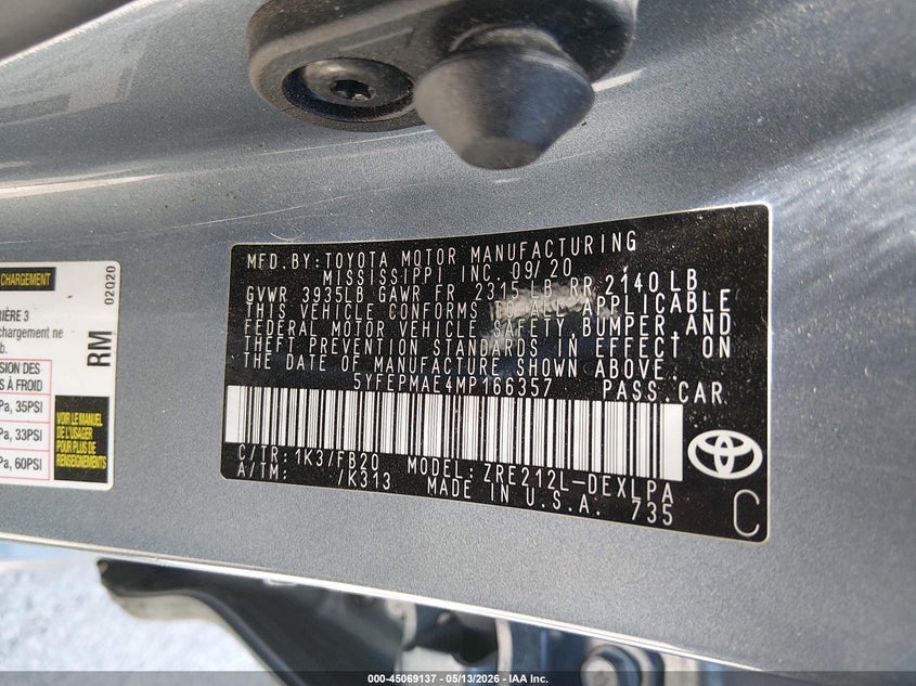 2021 Toyota Corolla VIN 5YFEPMAE4MP166357 IAAI salvage auction — LEFT FRONT, Salvage (Kentucky), sold $3,800 on 2026-07-13 (photo 9)
