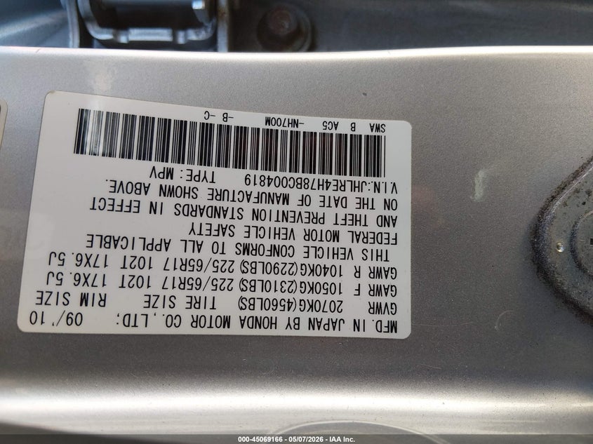 2011 Honda Cr-v VIN JHLRE4H78BC004819 IAAI salvage auction — FRONT END, Salvage (Maine), sold $250 on 2026-07-13 (photo 9)