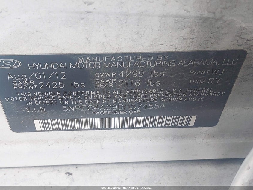 2013 Hyundai Sonata VIN 5NPEC4AC9DH574554 IAAI salvage auction — Burn Engine, Salvage - Greater Than 75% (Maryland), sold $175 on 2026-07-10 (photo 9)