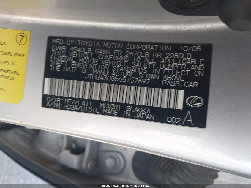 2006 Lexus ES VIN JTHBA30G565157697 IAAI salvage auction — NORMAL WEAR, Clear - Dealer Only (California), sold $625 on 2026-07-21 (photo 9)