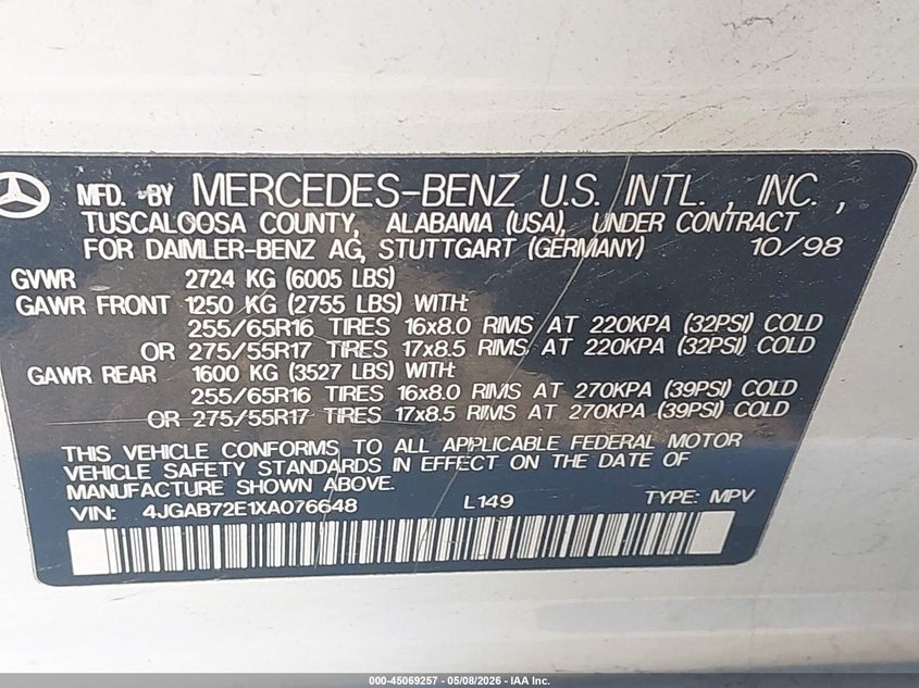 1999 Mercedes-benz M-klasse VIN 4JGAB72E1XA076648 IAAI salvage auction — FRONT END, Clear (Indiana), sold $600 on 2026-07-09 (photo 9)