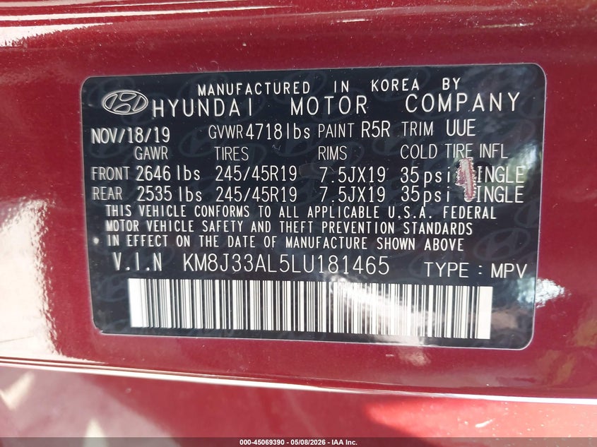 2020 Hyundai Tucson VIN KM8J33AL5LU181465 IAAI salvage auction — RIGHT SIDE, Salvage (Georgia), sold $4,350 on 2026-07-29 (photo 9)