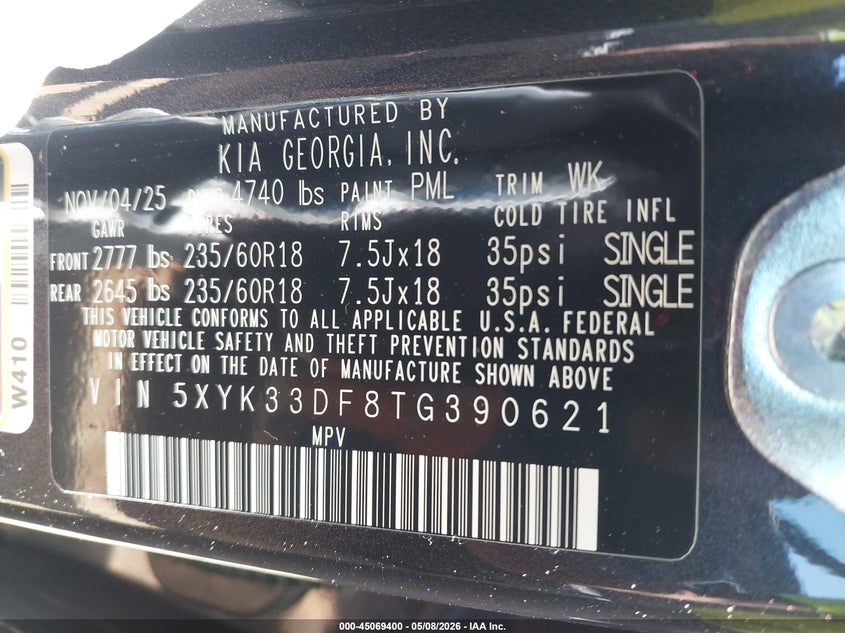 2026 Kia Sportage VIN 5XYK33DF8TG390621 IAAI salvage auction — ROLLOVER, Salvage (North Carolina), sold $1,325 on 2026-07-13 (photo 9)