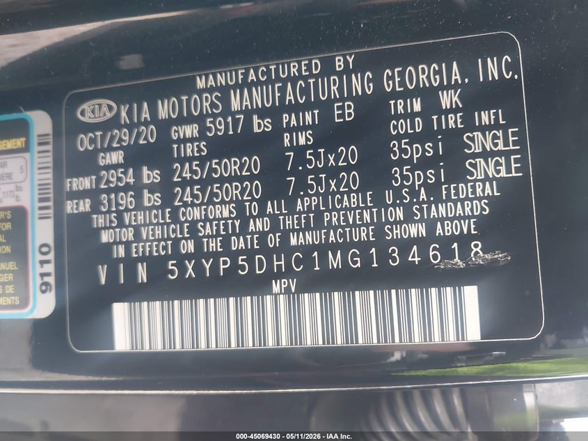 2021 Kia Telluride VIN 5XYP5DHC1MG134618 IAAI salvage auction — REAR END, Salvage (Georgia), sold $7,500 on 2026-07-17 (photo 9)