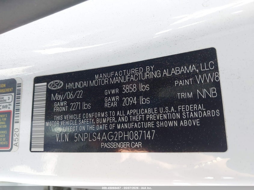 2023 Hyundai Elantra VIN 5NPLS4AG2PH087147 IAAI salvage auction — ROLLOVER, Salvage (California), sold $1,000 on 2026-07-30 (photo 9)