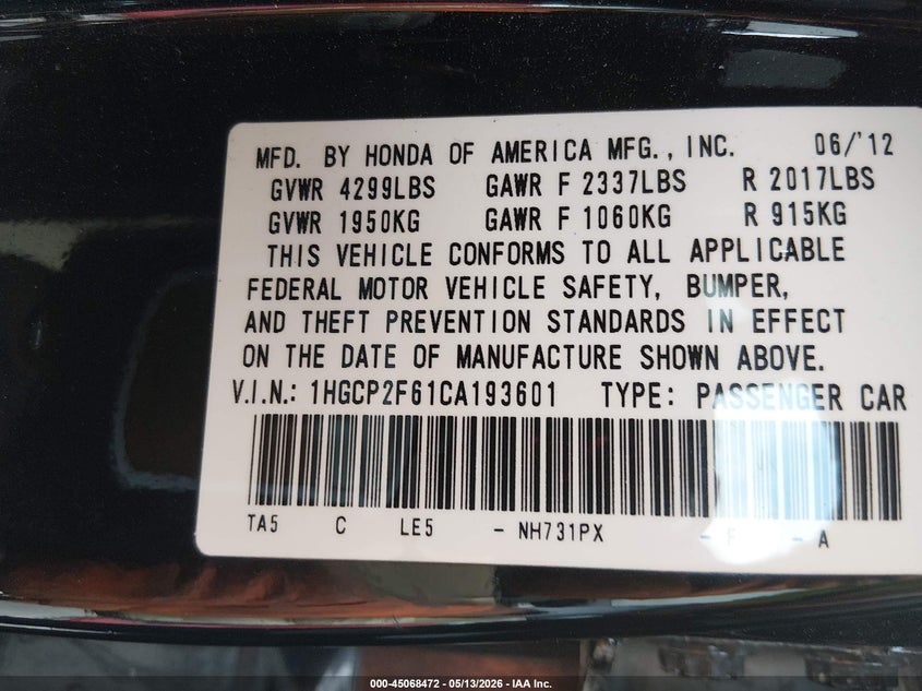 2012 Honda Accord VIN 1HGCP2F61CA193601 IAAI salvage auction — FRONT END, Salvage (California), sold $1,100 on 2026-07-09 (photo 9)