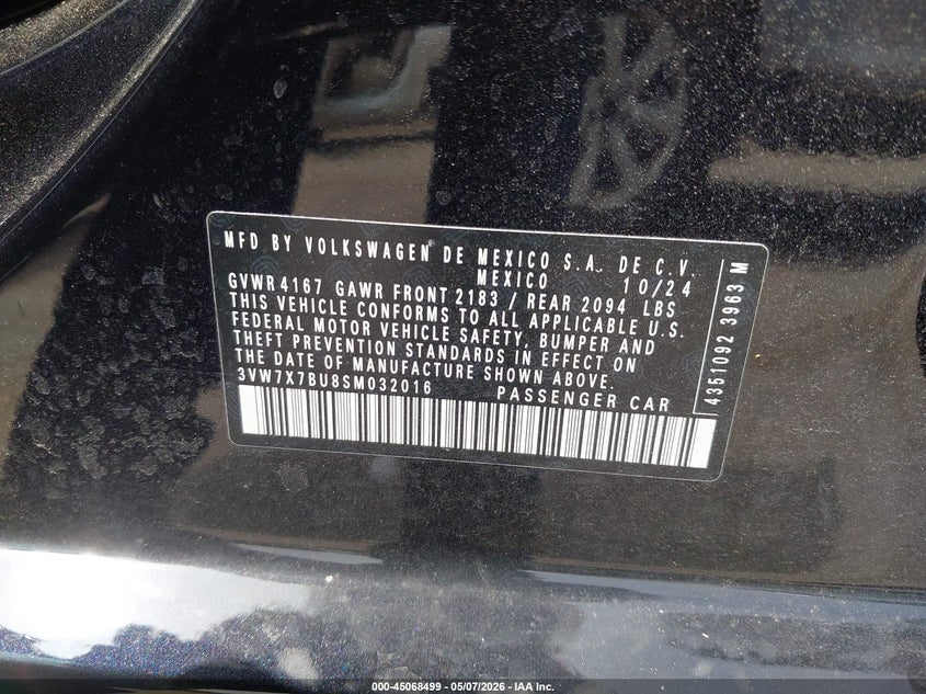 2025 Volkswagen Jetta VIN 3VW7X7BU8SM032016 IAAI salvage auction — LEFT REAR, Original (Texas), sold $9,300 on 2026-07-18 (photo 9)