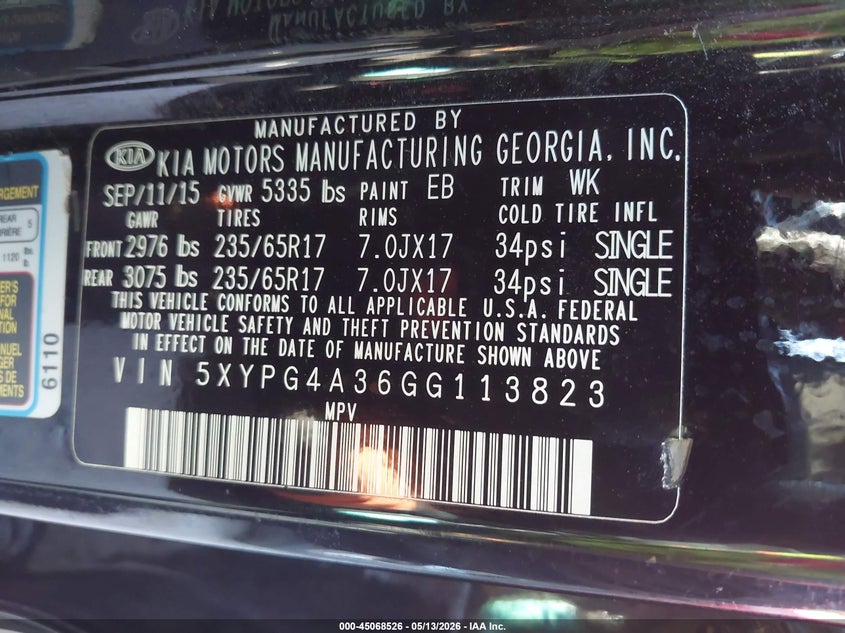 2016 Kia Sorento VIN 5XYPG4A36GG113823 IAAI salvage auction — HAIL, Original (Texas), sold $1,350 on 2026-07-28 (photo 9)