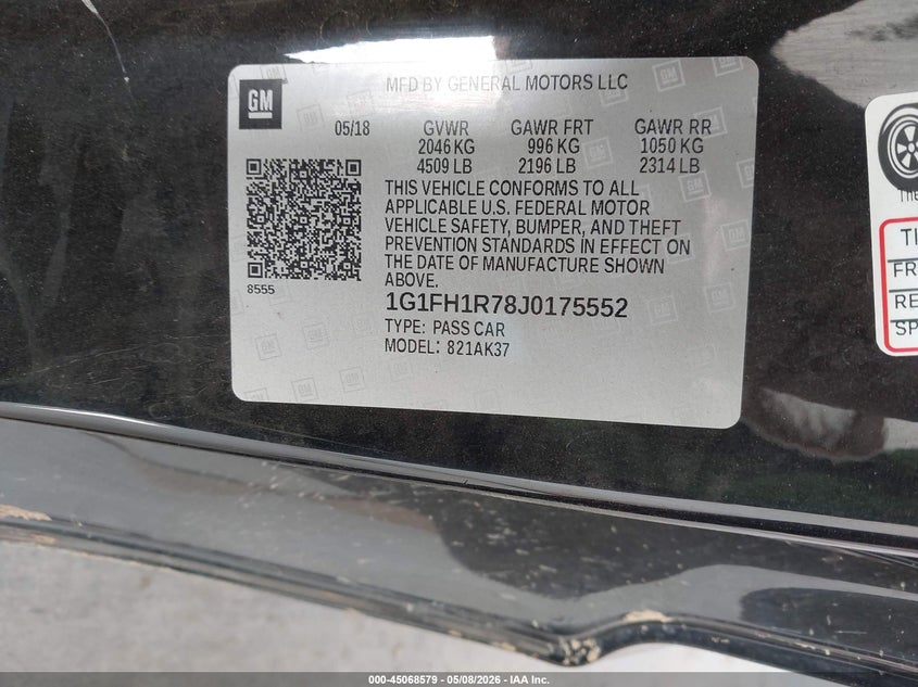 2018 Chevrolet Camaro VIN 1G1FH1R78J0175552 IAAI salvage auction — FRONT END, Bill Of Sale (Washington), sold $10,500 on 2026-07-09 (photo 9)
