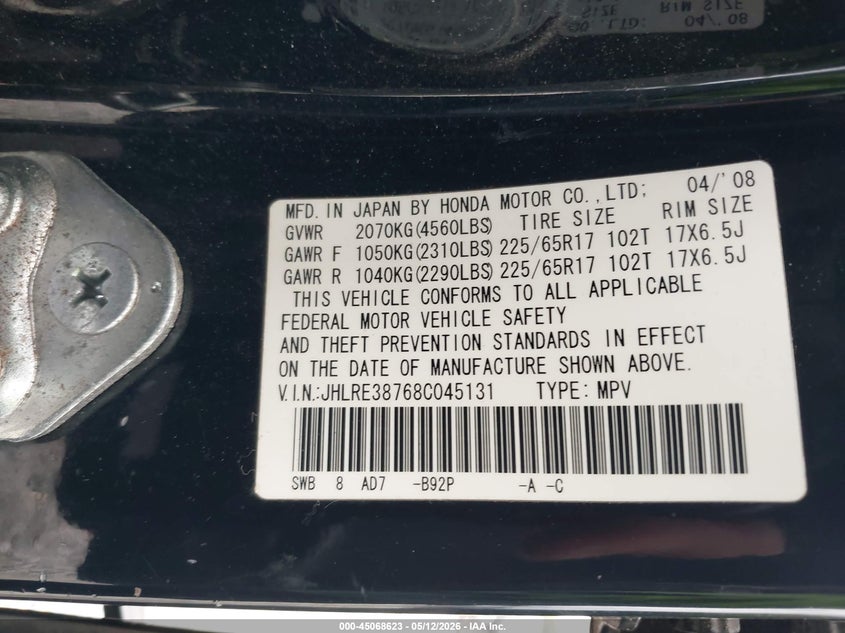 2008 Honda Cr-v VIN JHLRE38768C045131 IAAI salvage auction — NORMAL WEAR, Salvage (Texas), sold $2,450 on 2026-07-17 (photo 9)