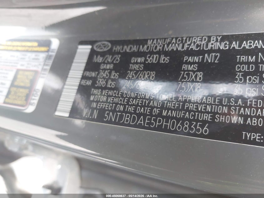 2023 Hyundai Santa cruz VIN 5NTJBDAE5PH068356 IAAI salvage auction — LEFT FRONT, Mv-907A (New York), sold $2,700 on 2026-07-21 (photo 9)
