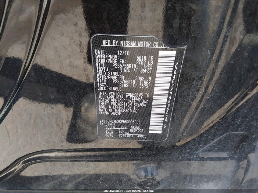 2011 Nissan Quest VIN JN8AE2KP5B9006035 IAAI salvage auction — LEFT FRONT, Original (Texas), sold $1,350 on 2026-07-15 (photo 9)