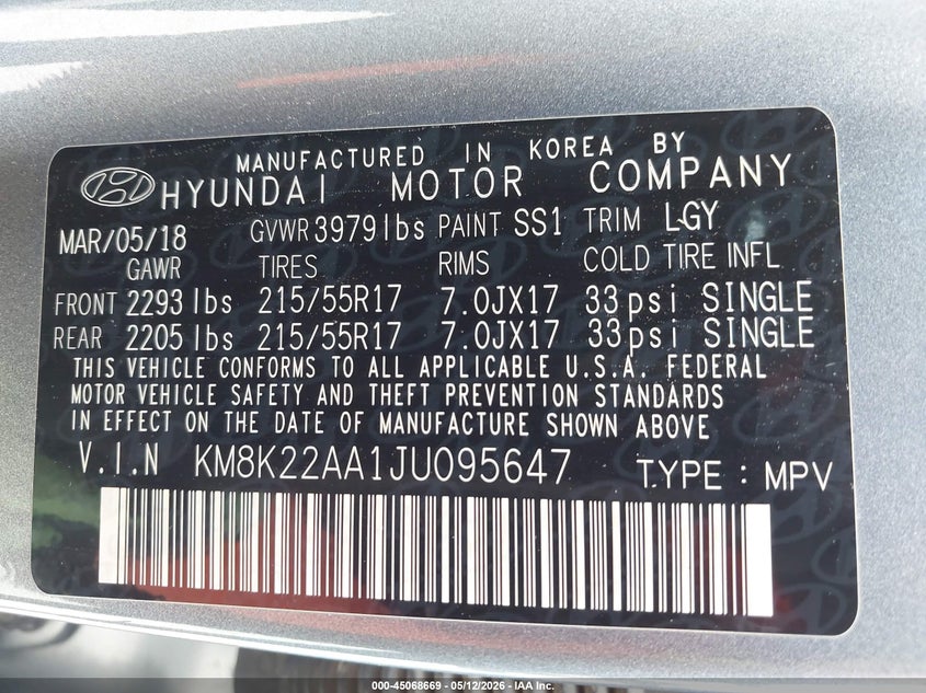 2018 Hyundai Kona VIN KM8K22AA1JU095647 IAAI salvage auction — RIGHT FRONT, Original (Texas), sold $2,350 on 2026-07-29 (photo 9)