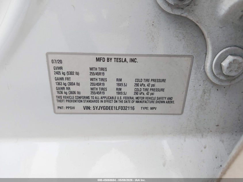 2020 Tesla Model y VIN 5YJYGDEE1LF032116 IAAI salvage auction — REAR END, Original (Texas), sold $7,800 on 2026-07-30 (photo 9)