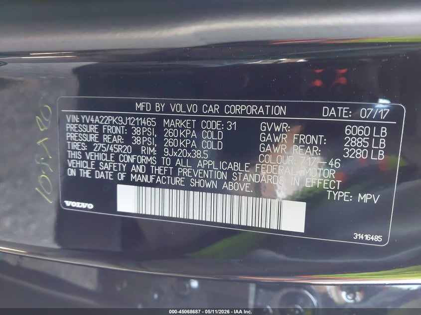 2018 Volvo Xc90 VIN YV4A22PK9J1211465 IAAI salvage auction — WATER/FLOOD, Salvage (Illinois), sold $6,200 on 2026-07-29 (photo 9)