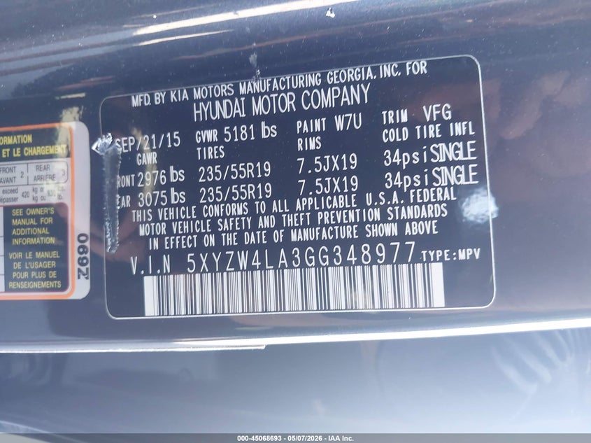 2016 Hyundai VIN 5XYZW4LA3GG348977 IAAI salvage auction — Burn Interior, Rebuildable (Florida), sold $2,550 on 2026-07-20 (photo 9)