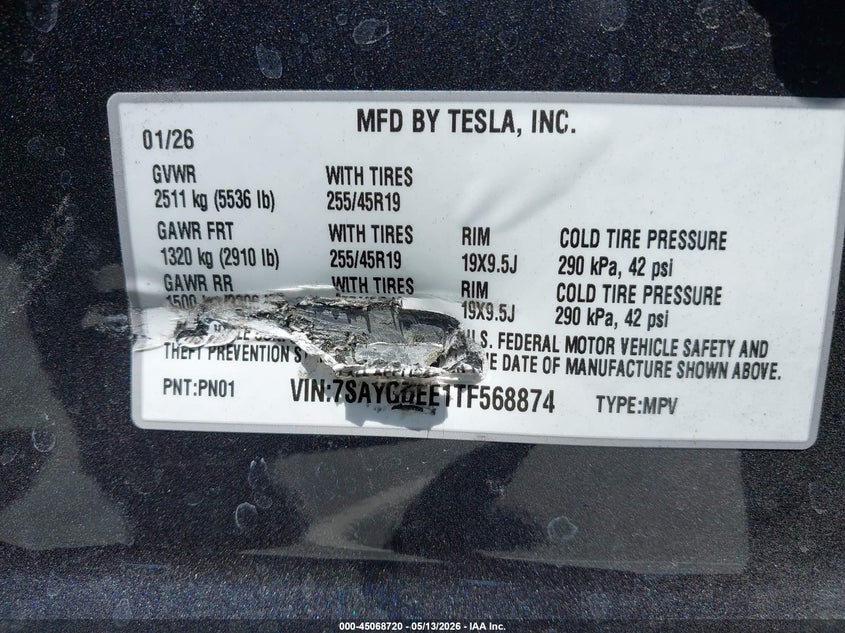 2026 Tesla Model y VIN 7SAYGDEE1TF568874 IAAI salvage auction — FRONT END, Salvage (California), sold $12,200 on 2026-07-24 (photo 9)