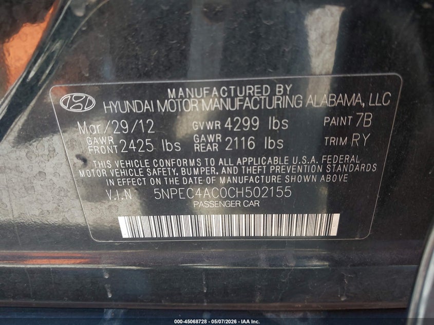 2012 Hyundai Sonata VIN 5NPEC4AC0CH502155 IAAI salvage auction — RIGHT SIDE, Salvage (California), sold $500 on 2026-07-08 (photo 9)