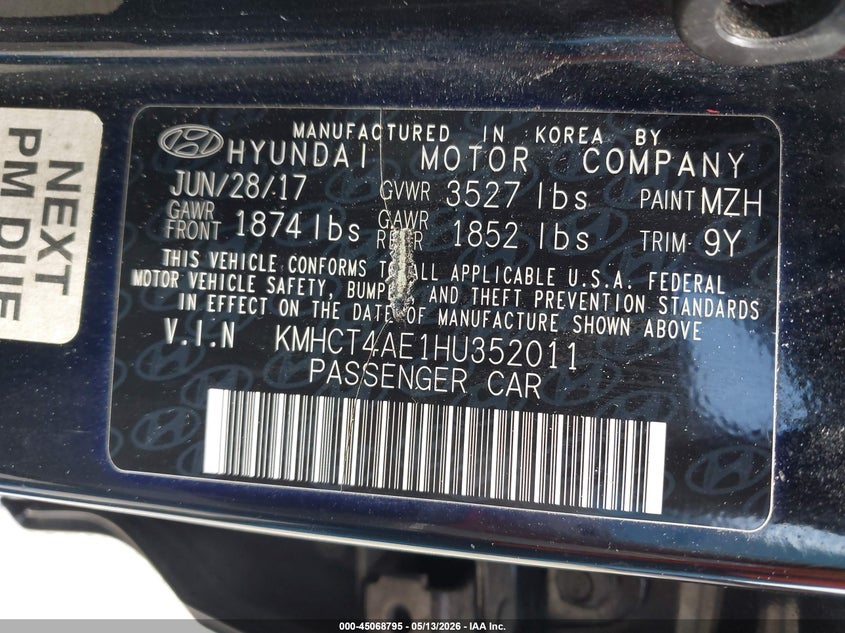 2017 Hyundai Accent VIN KMHCT4AE1HU352011 IAAI salvage auction — RIGHT FRONT, Rebuildable (Florida), sold $300 on 2026-07-06 (photo 9)