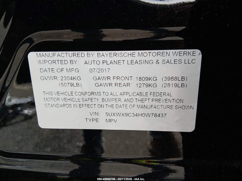 2017 BMW X3 VIN 5UXWX9C34H0W78437 IAAI salvage auction — FRONT END, Mv-907A (New York), sold $425 on 2026-07-20 (photo 9)