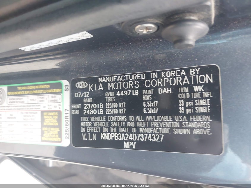 2013 Kia Sportage VIN KNDPB3A24D7374327 IAAI salvage auction — FRONT END, Salvage (North Carolina), sold $1,850 on 2026-07-26 (photo 9)