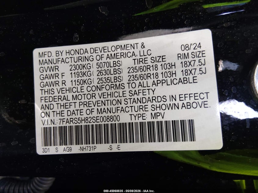 2025 Honda Cr-v VIN 7FARS5H82SE008800 IAAI salvage auction — REAR END, Clear (Colorado), sold $12,700 on 2026-07-10 (photo 9)