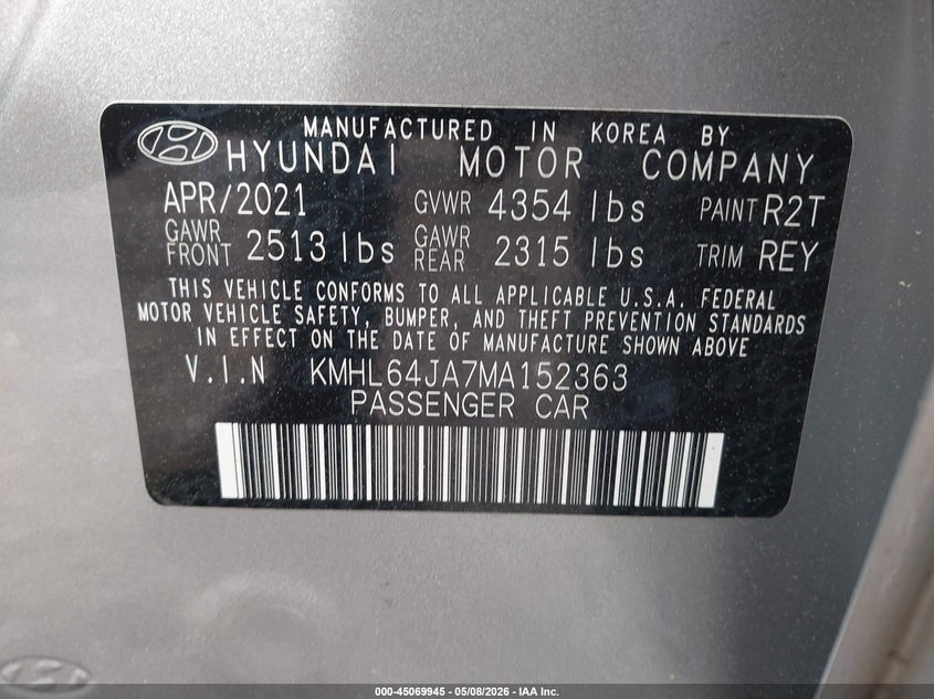 2021 Hyundai Sonata VIN KMHL64JA7MA152363 IAAI salvage auction — FRONT END, Salvage (Georgia), sold $3,350 on 2026-07-18 (photo 9)