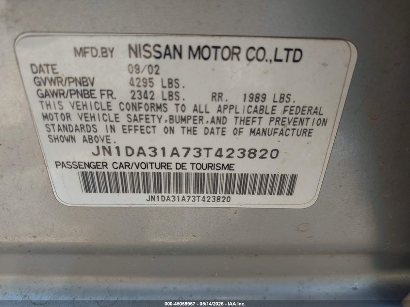 2003 Nissan Maxima VIN JN1DA31A73T423820 IAAI salvage auction — FRONT END, Clear (Oklahoma), sold $25 on 2026-07-22 (photo 9)