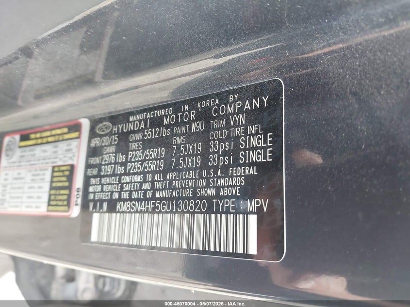 2016 Hyundai Santa fe VIN KM8SN4HF5GU130820 IAAI salvage auction — RIGHT SIDE, Original (Texas), sold $2,150 on 2026-07-29 (photo 9)