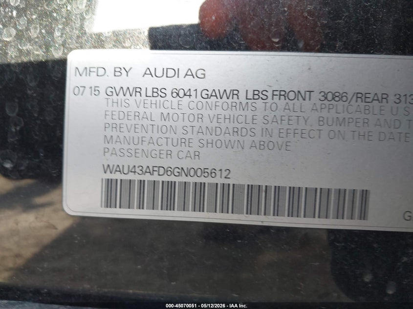 2016 Audi A8 VIN WAU43AFD6GN005612 IAAI salvage auction — FRONT END, Clear (Michigan), sold $5,600 on 2026-07-09 (photo 9)