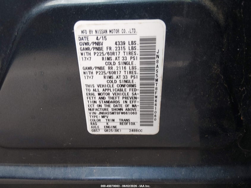 2015 Nissan Rogue VIN JN8AS5MT8FW661060 IAAI salvage auction — FRONT END, Salvage (Mississippi), sold $25 on 2026-07-23 (photo 9)