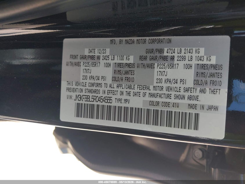 2024 Mazda Cx-5 VIN JM3KFBBL5R0454565 IAAI salvage auction — FRONT & REAR, Original (Texas), sold $6,150 on 2026-07-17 (photo 9)