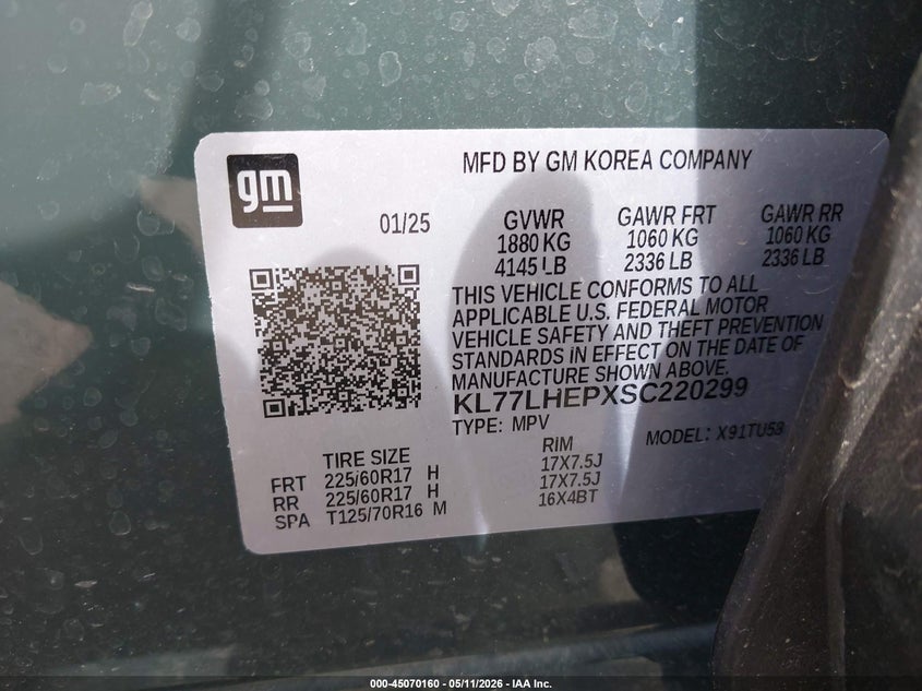 2025 Chevrolet Trax VIN KL77LHEPXSC220299 IAAI salvage auction — RIGHT FRONT, Salvage (Minnesota), sold $4,200 on 2026-07-29 (photo 9)