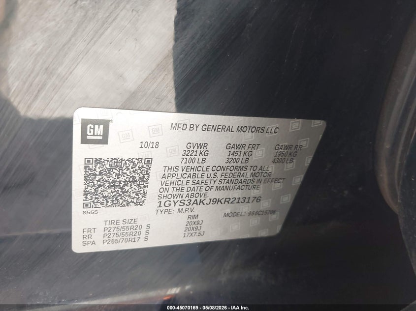 2019 Cadillac Escalade VIN 1GYS3AKJ9KR213176 IAAI salvage auction — HAIL, Clear (Oklahoma), sold $10,300 on 2026-07-29 (photo 9)